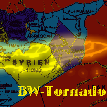 Landkarte Syrien mit fliegendem Tornado